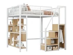 Cama alta infantil de metal - 140 x 200 cm - com guarda-roupa + prateleiras + escadas - madeira + metal - branco