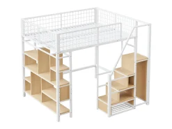 Cama alta infantil de metal - 140 x 200 cm - com guarda-roupa + prateleiras + escadas - madeira + metal - branco