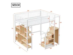 Cama alta infantil de metal - 140 x 200 cm - com guarda-roupa + prateleiras + escadas - madeira + metal - branco