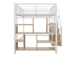 Cama alta infantil de metal - 140 x 200 cm - com guarda-roupa + prateleiras + escadas - madeira + metal - branco