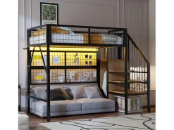 Cama alta infantil de metal - 90 x 200 cm - com guarda-roupa + LEDs + armazenamento na escada - MDF + Metal - preto