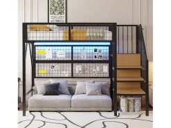 Cama alta infantil de metal - 90 x 200 cm - com guarda-roupa + LEDs + armazenamento na escada - MDF + Metal - preto