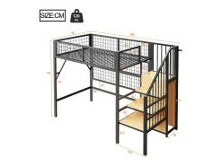 Cama alta infantil de metal - 90 x 200 cm - com guarda-roupa + LEDs + armazenamento na escada - MDF + Metal - preto