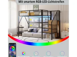 Cama alta infantil de metal - 90 x 200 cm - com guarda-roupa + LEDs + armazenamento na escada - MDF + Metal - preto