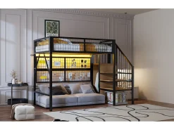 Cama alta infantil de metal - 90 x 200 cm - com guarda-roupa + LEDs + armazenamento na escada - MDF + Metal - preto