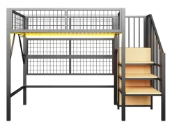 Cama alta infantil de metal - 90 x 200 cm - com guarda-roupa + LEDs + armazenamento na escada - MDF + Metal - preto