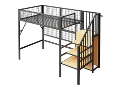 Cama alta infantil de metal - 90 x 200 cm - com guarda-roupa + LEDs + armazenamento na escada - MDF + Metal - preto