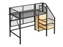 Cama alta infantil de metal - 90 x 200 cm - com guarda-roupa + LEDs + armazenamento na escada - MDF + Metal - preto