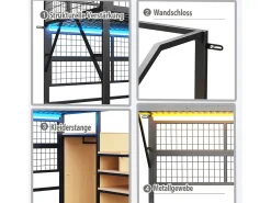 Cama alta infantil de metal - 140 x 200 cm - com guarda-roupa + LEDs + armazenamento na escada - MDF + Metal - preto