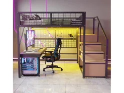 Cama alta infantil de metal - 140 x 200 cm - com guarda-roupa + LEDs + armazenamento na escada - MDF + Metal - preto