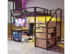 Cama alta infantil de metal - 140 x 200 cm - com guarda-roupa + LEDs + armazenamento na escada - MDF + Metal - preto