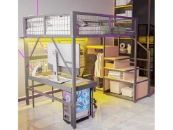 Cama alta infantil de metal - 140 x 200 cm - com guarda-roupa + LEDs + armazenamento na escada - MDF + Metal - preto