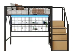 Cama alta infantil de metal - 140 x 200 cm - com guarda-roupa + LEDs + armazenamento na escada - MDF + Metal - preto