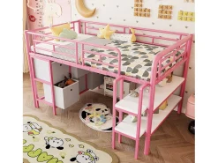 Cama alta infantil de metal - 90 x 200 cm - com escada larga + gavetas + prateleiras de arrumação - metal - rosa