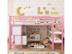 Cama alta infantil de metal - 90 x 200 cm - com escada larga + gavetas + prateleiras de arrumação - metal - rosa