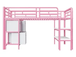 Cama alta infantil de metal - 90 x 200 cm - com escada larga + gavetas + prateleiras de arrumação - metal - rosa