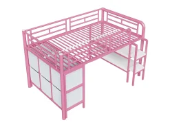 Cama alta infantil de metal - 90 x 200 cm - com escada larga + gavetas + prateleiras de arrumação - metal - rosa