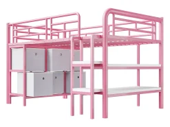 Cama alta infantil de metal - 90 x 200 cm - com escada larga + gavetas + prateleiras de arrumação - metal - rosa