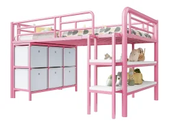 Cama alta infantil de metal - 90 x 200 cm - com escada larga + gavetas + prateleiras de arrumação - metal - rosa