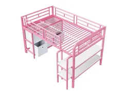Cama alta infantil de metal - 90 x 200 cm - com escada larga + gavetas + prateleiras de arrumação - metal - rosa
