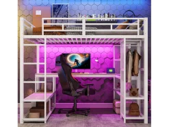 Cama alta infantil de metal - 140 x 200 cm - com escrivaninha + prateleira + guarda-roupa aberto + porta USB + luzes de LED - branca