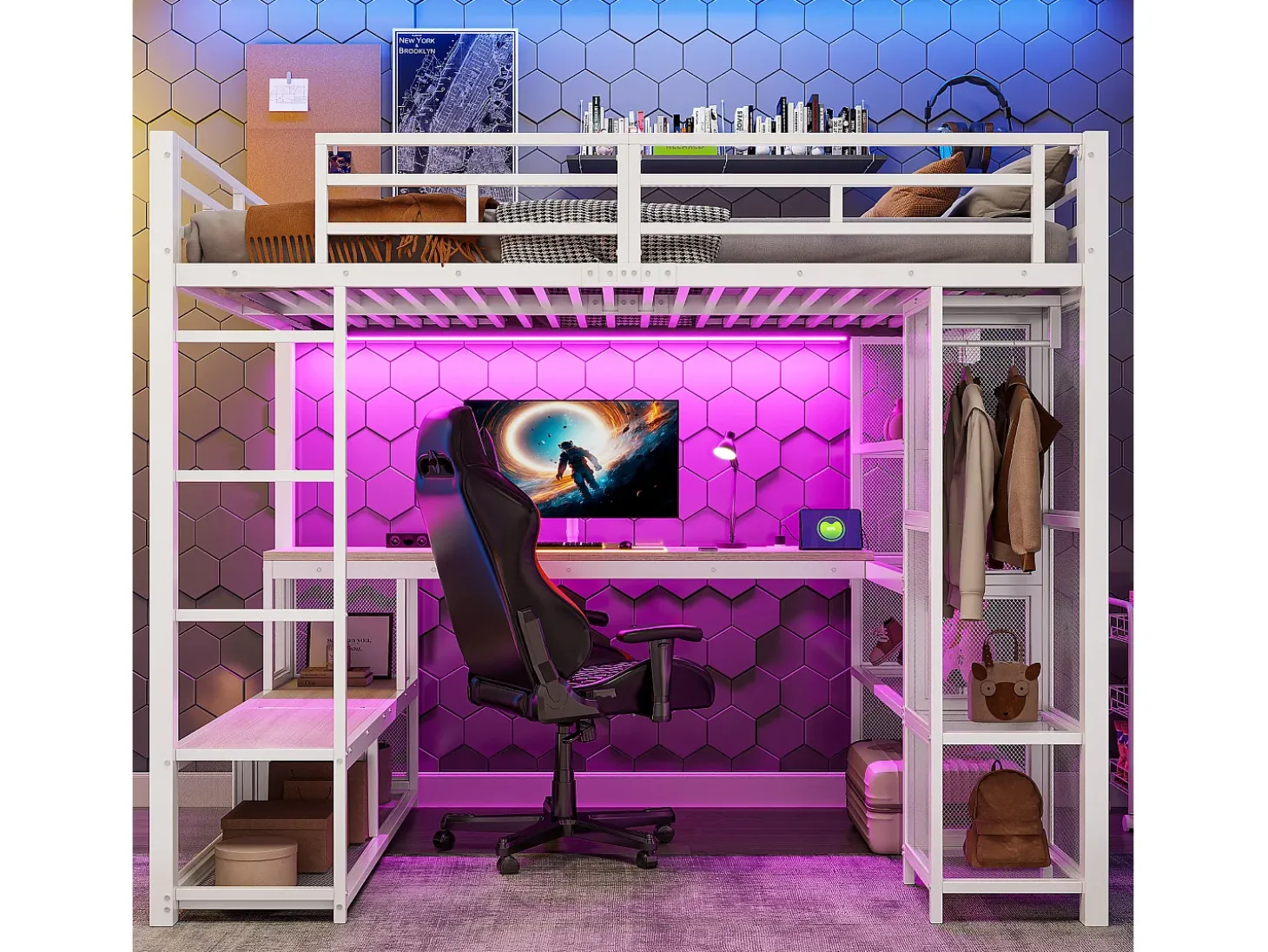 Cama alta infantil de metal - 140 x 200 cm - com escrivaninha + prateleira + guarda-roupa aberto + porta USB + luzes de LED - branca