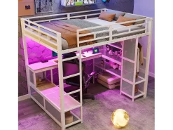 Cama alta infantil de metal - 140 x 200 cm - com escrivaninha + prateleira + guarda-roupa aberto + porta USB + luzes de LED - branca