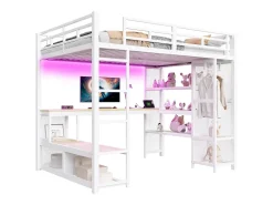 Cama alta infantil de metal - 140 x 200 cm - com escrivaninha + prateleira + guarda-roupa aberto + porta USB + luzes de LED - branca