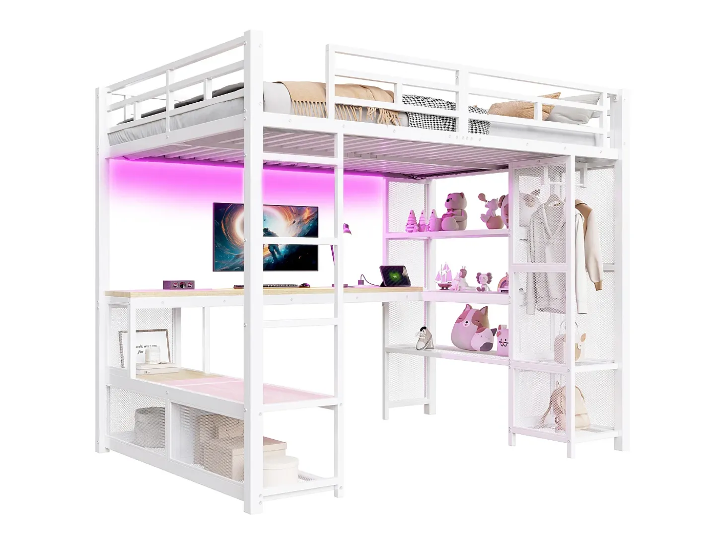 Cama alta infantil de metal - 140 x 200 cm - com escrivaninha + prateleira + guarda-roupa aberto + porta USB + luzes de LED - branca