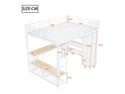 Cama alta infantil de metal - 140 x 200 cm - com escrivaninha + prateleira + guarda-roupa aberto + porta USB + luzes de LED - branca