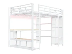Cama alta infantil de metal - 140 x 200 cm - com escrivaninha + prateleira + guarda-roupa aberto + porta USB + luzes de LED - branca