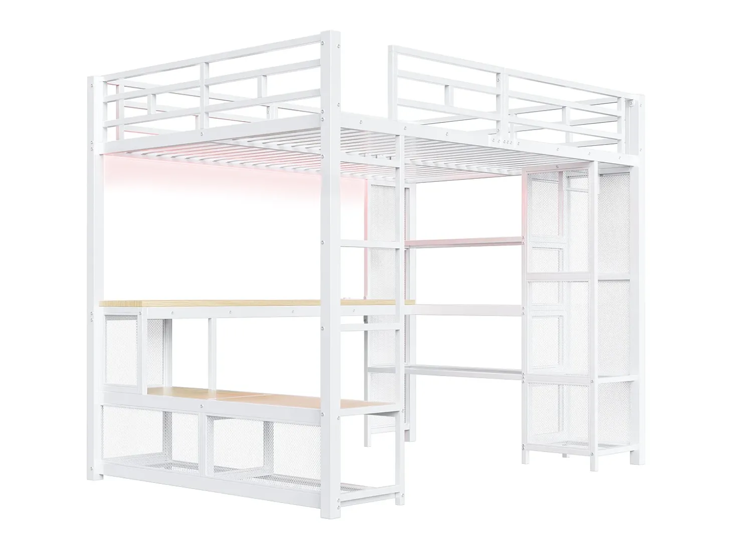 Cama alta infantil de metal - 140 x 200 cm - com escrivaninha + prateleira + guarda-roupa aberto + porta USB + luzes de LED - branca