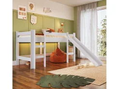 Cama alta infantil Nubbi com escorregador, quarto branco 202x110x210 cm