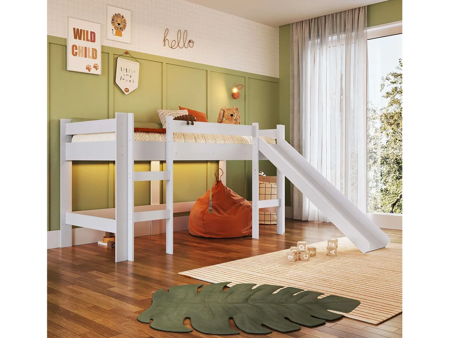 Cama alta infantil Nubbi com escorregador, quarto branco 202x110x210 cm