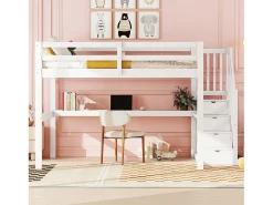 Cama alta infantil 140x200 cm com gavetas e escrivaninha embaixo - Branca