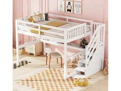Cama alta infantil 140x200 cm com gavetas e escrivaninha embaixo - Branca