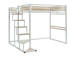 Cama alta JOGUI 140 x 200 cm em metal branco e MDF com colchão.