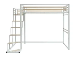 Cama alta JOGUI 140 x 200 cm em metal branco e MDF com colchão.