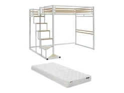 Cama alta JOGUI 140 x 200 cm em metal branco e MDF com colchão.