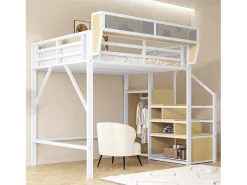 Cama alta para criança - 140 x 200 cm - com escada de arrumação + roupeiro - MDF + Metal - branco