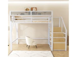 Cama alta para criança - 140 x 200 cm - com escada de arrumação + roupeiro - MDF + Metal - branco