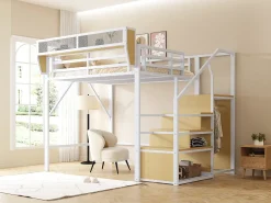 Cama alta para criança - 140 x 200 cm - com escada de arrumação + roupeiro - MDF + Metal - branco
