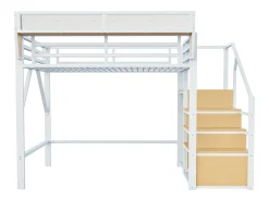 Cama alta para criança - 140 x 200 cm - com escada de arrumação + roupeiro - MDF + Metal - branco