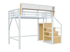 Cama alta para criança - 140 x 200 cm - com escada de arrumação + roupeiro - MDF + Metal - branco