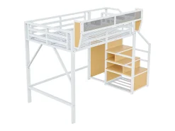 Cama alta para criança - 140 x 200 cm - com escada de arrumação + roupeiro - MDF + Metal - branco