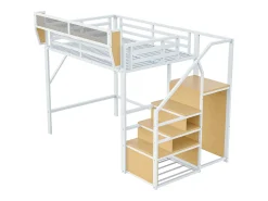 Cama alta para criança - 140 x 200 cm - com escada de arrumação + roupeiro - MDF + Metal - branco