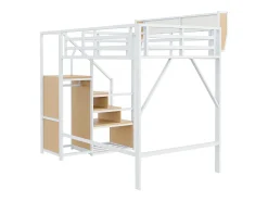Cama alta para criança - 140 x 200 cm - com escada de arrumação + roupeiro - MDF + Metal - branco