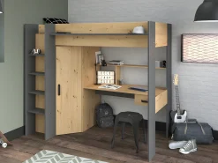 Cama alta secretária e armário 90 x 200 cm carvalho e antracite com colchão AUCKLAND
