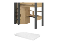 Cama alta secretária e armário 90 x 200 cm carvalho e antracite com colchão AUCKLAND