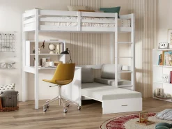 Cama alta secretária, sofá e espaços de arrumação 90 x 200 cm Pinho maciço Branco - GOLIATH III